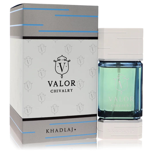 Khadlaj Valor Chivalry Eau de Parfum bottle — fresh chypre fragrance with bergamot, pineapple, pepper, jasmine, lily of the valley, patchouli and cedarwood
