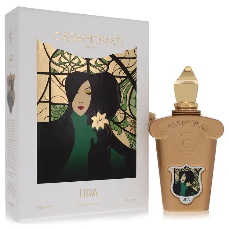 Lira Perfume by Xerjoff for women, featuring elegant packaging with gold and green design, exudes captivating and unique scent.