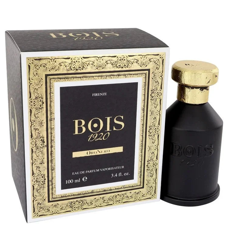 Bois 1920 Oro luxury perfume bottle displaying an opulent gold finish and refined presentation — a prestigious Italian oriental woody niche fragrance showcasing bergamot, rose, smoky oud, amber, and sandalwood accords
