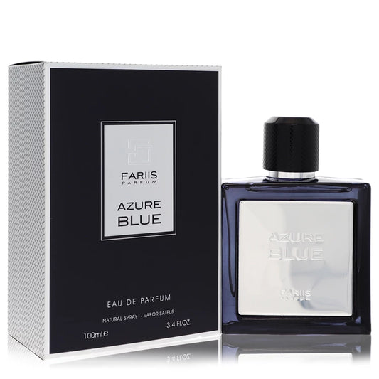 Fariis Azure Blue cologne bottle for men — Invigorating spicy fragrance with mint, pink pepper, ginger, and cedarwood notes