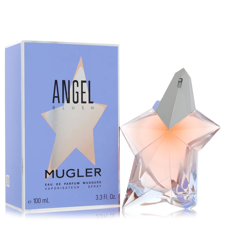Angel Blush by Mugler Eau de Parfum spray bottle next to its light blue packaging box, featuring a faceted star-shaped glass bottle with pink liquid and a silver cap.