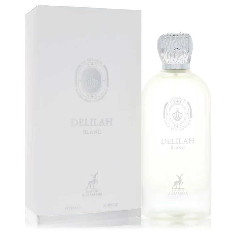 Maison Alhambra Delilah Blanc perfume bottle with bergamot, white peach, mandarin, orange blossom, vetiver, musk and vanilla