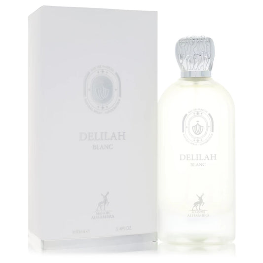 Maison Alhambra Delilah Blanc perfume bottle with bergamot, white peach, mandarin, orange blossom, vetiver, musk and vanilla
