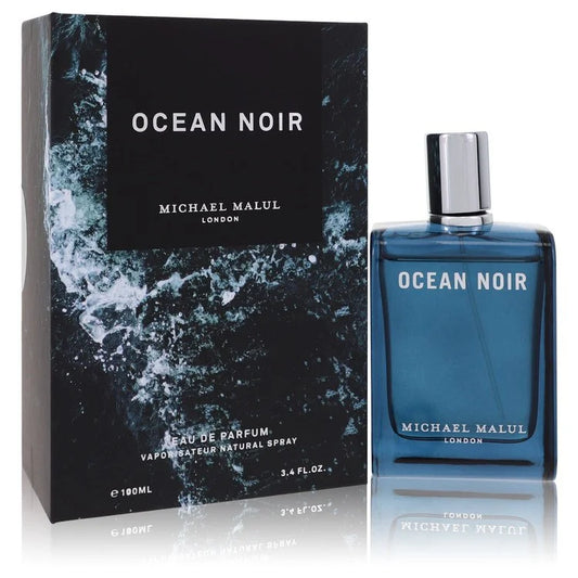 Michael Malul Ocean Noir cologne bottle — marine woody amber fragrance for men with marine mist, tangelo, black coconut, sea kelp, geranium, yarrow, tonka bean, amberwood, and musk notes