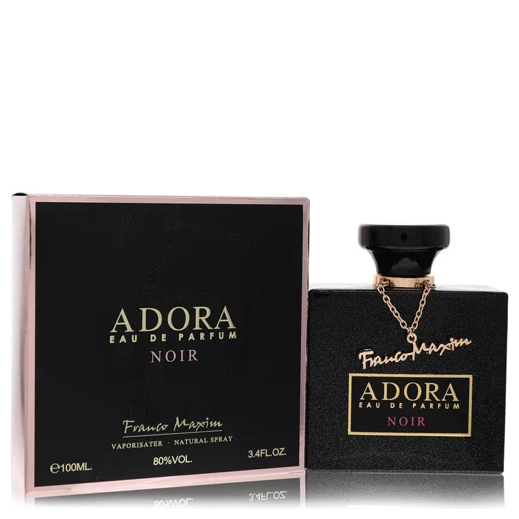 Dumont Adora Noir Eau de Parfum bottle — dark oriental woody unisex perfume with bergamot, mandarin, pink pepper, rose, jasmine, nutmeg, vanilla, patchouli, and cedarwood notes.