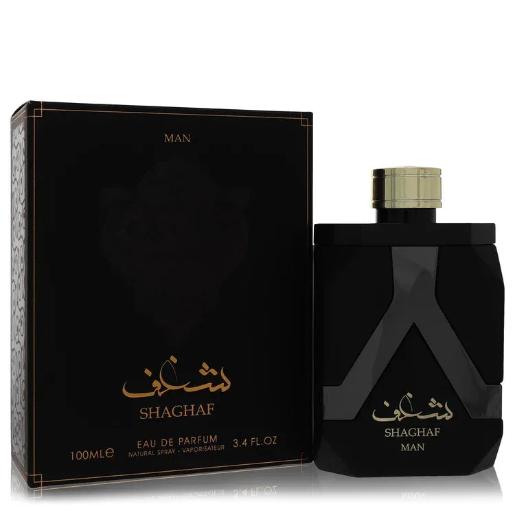 Lattafa Asdaaf Shaghaf Eau de Parfum bottle in gold Middle Eastern glass — oriental woody fragrance with bergamot, rose, and oud.
