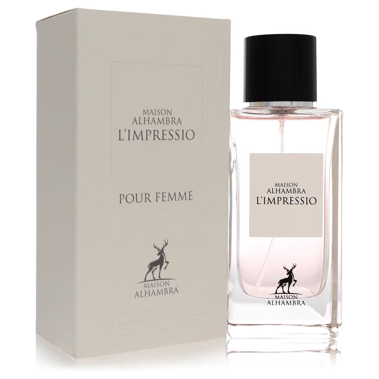 Maison Alhambra L'Impressio pour Femme perfume bottle and packaging on a white background