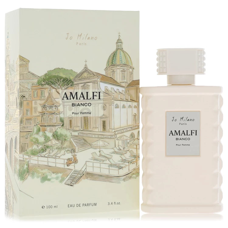 Jo Milano Amalfi Bianco Pour Femme Eau de Parfum bottle - women's citrus floral gourmand perfume with green mandarin, orange blossom, marshmallow, and woods