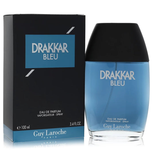 Drakkar Bleu perfume bottle and packaging by Guy Laroche on a white background