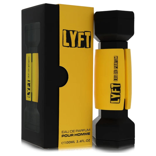 Yellow and black perfume bottle with packaging labeled 'LYFT' on a white background