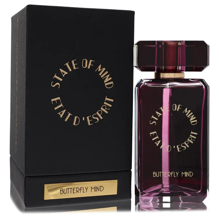 Perfume bottle and packaging of Etat d'Esprit State of Mind Butterfly Mind on a white background