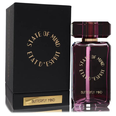 Perfume bottle and packaging of Etat d'Esprit State of Mind Butterfly Mind on a white background