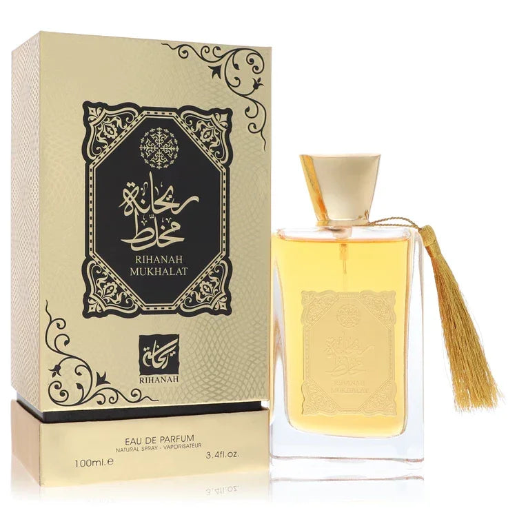 Perfume bottle with decorative box featuring intricate designs and text.