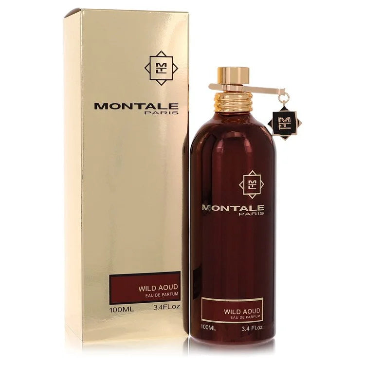 Montale Wild Aoud Eau de Parfum signature luxury lightweight security aluminum canister flacon showcasing its high-gloss reflective fluid boundaries, styled with a clean vertical typographic label layout, and topped with a unique signature mechanical clip safety lock detail against a solid backdrop