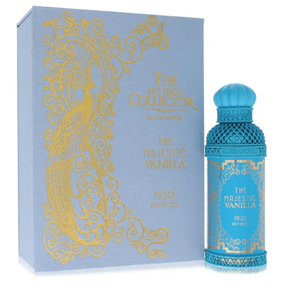 Blue perfume bottle and packaging with intricate gold designs on a white background