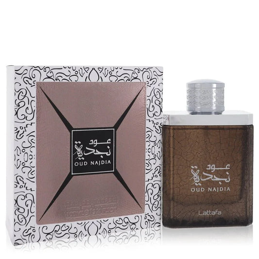 Lattafa Oud Najdia Eau de Parfum elegant contemporary bottle with clean lines and striking accents, a captivating, rich oriental woody Middle Eastern fragrance for men and women.