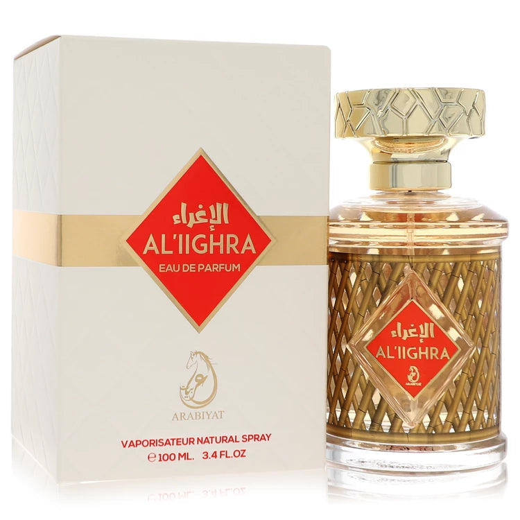 Arabiyat Al'lighra Eau de Parfum bottle — oriental floral fragrance with spicy notes, citrus, floral accords, rose, woody notes, and amber notes.