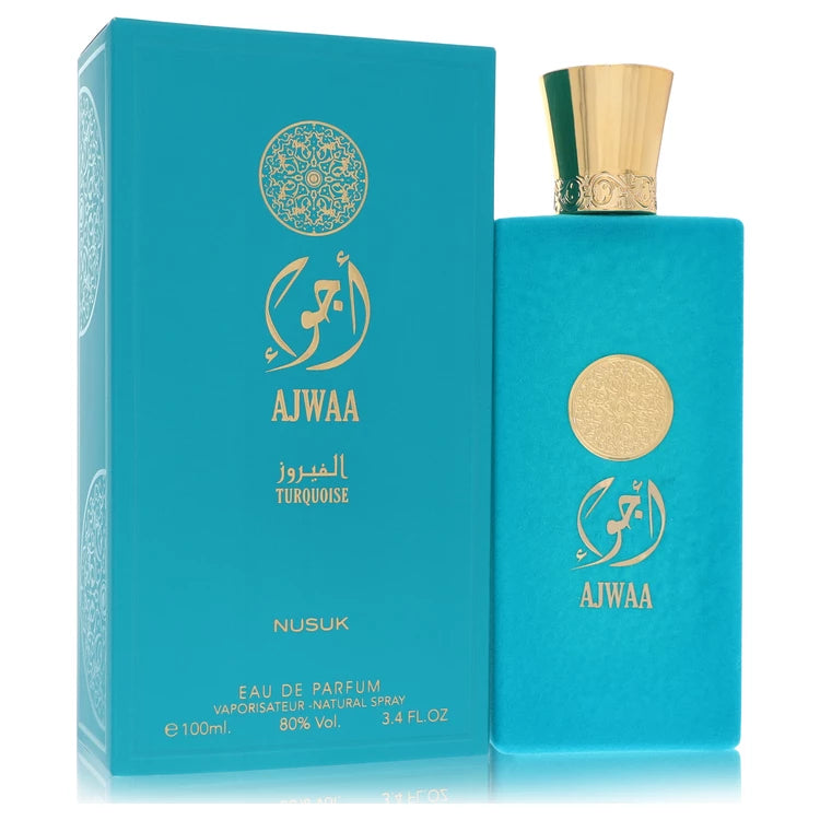 Turquoise Ajwaa perfume bottle and packaging on a white background