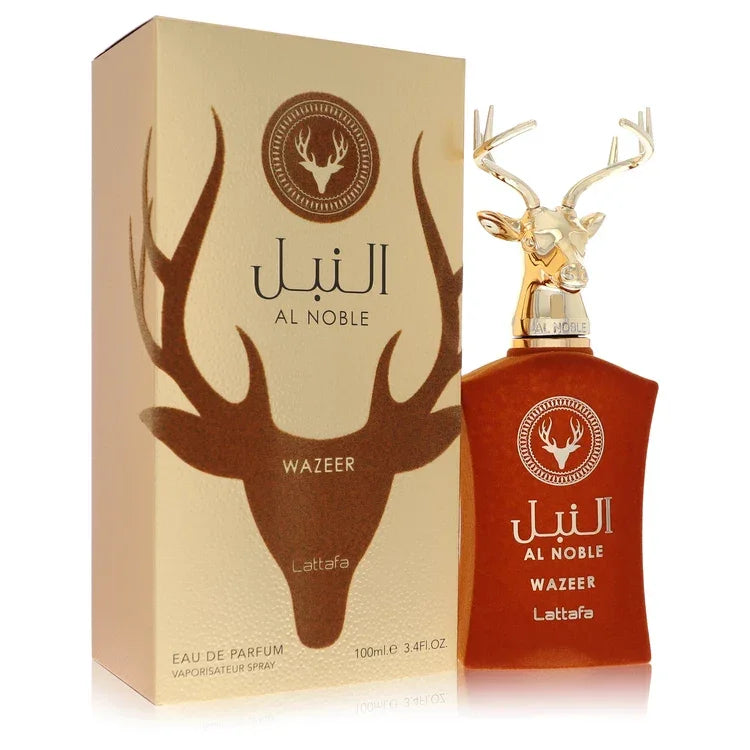Al Noble Wazeer perfume bottle and packaging with deer design on a white background