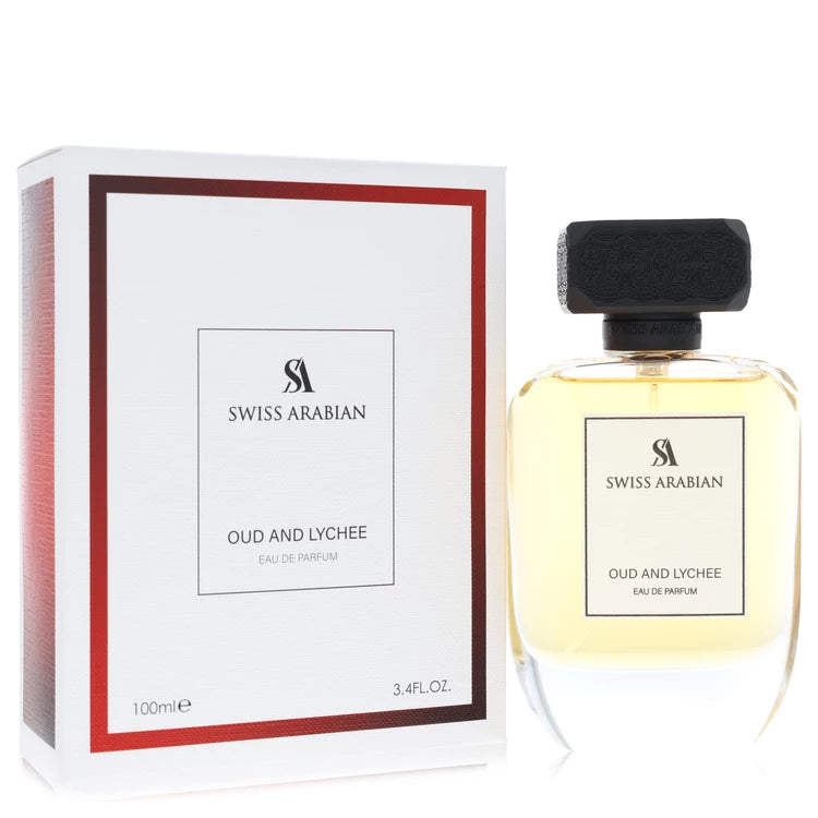 Swiss Arabian Oud And Lychee Perfume luxury signature bottle reflecting its elegant and opulent Middle Eastern architectural style against a clean display backdrop