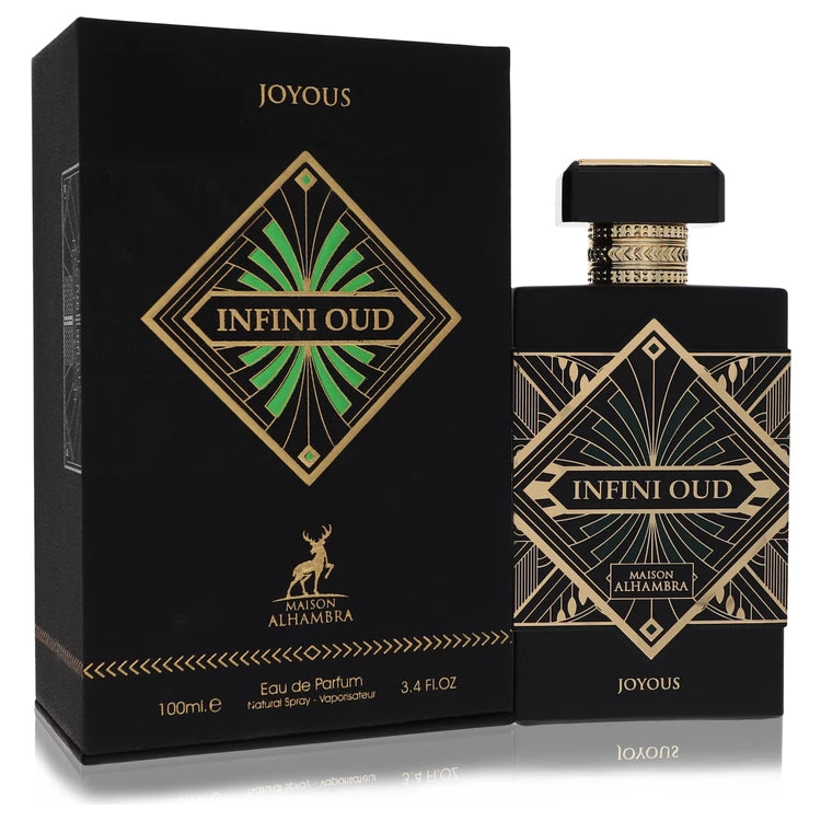 Infini Oud perfume bottle and packaging with gold and green design on a white background