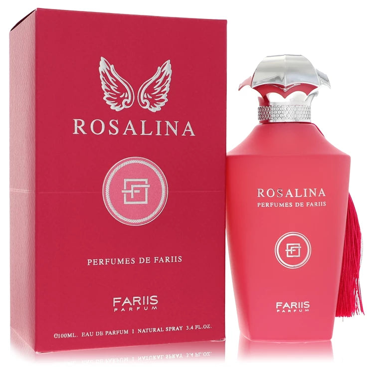 Fariis Rosalina perfume bottle — Elegant floral woody musk fragrance with damask rose, peony, iris, and sandalwood notes