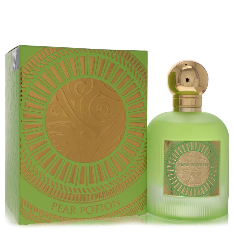 Green perfume bottle with gold cap and matching box on a white background
