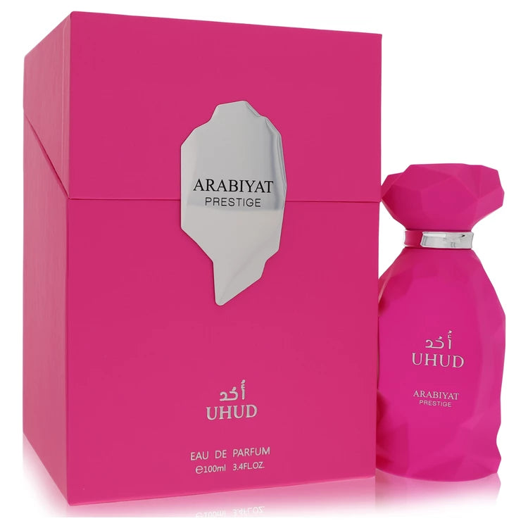 Arabiyat Prestige Uhud Eau de Parfum signature luxury heavy glass flacon showcasing its premium Middle Eastern design detailing and clean lines on a solid background