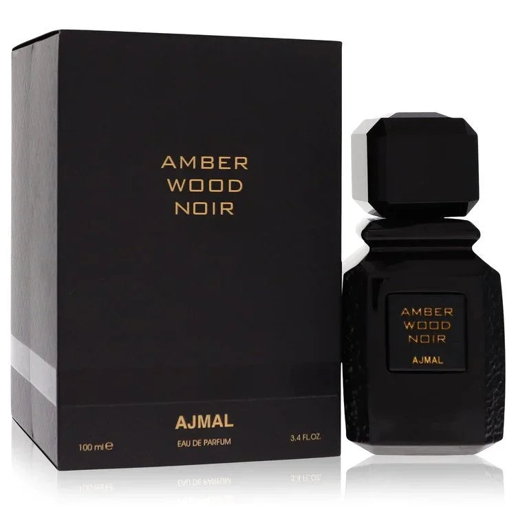 AJMAL Amber Wood Noir perfume bottle and packaging on a white background