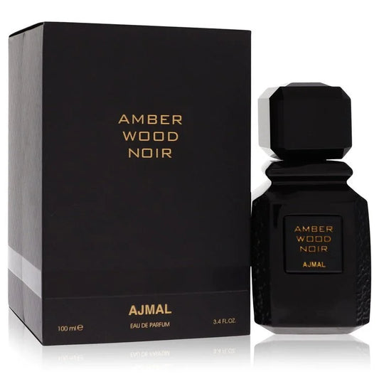 AJMAL Amber Wood Noir perfume bottle and packaging on a white background
