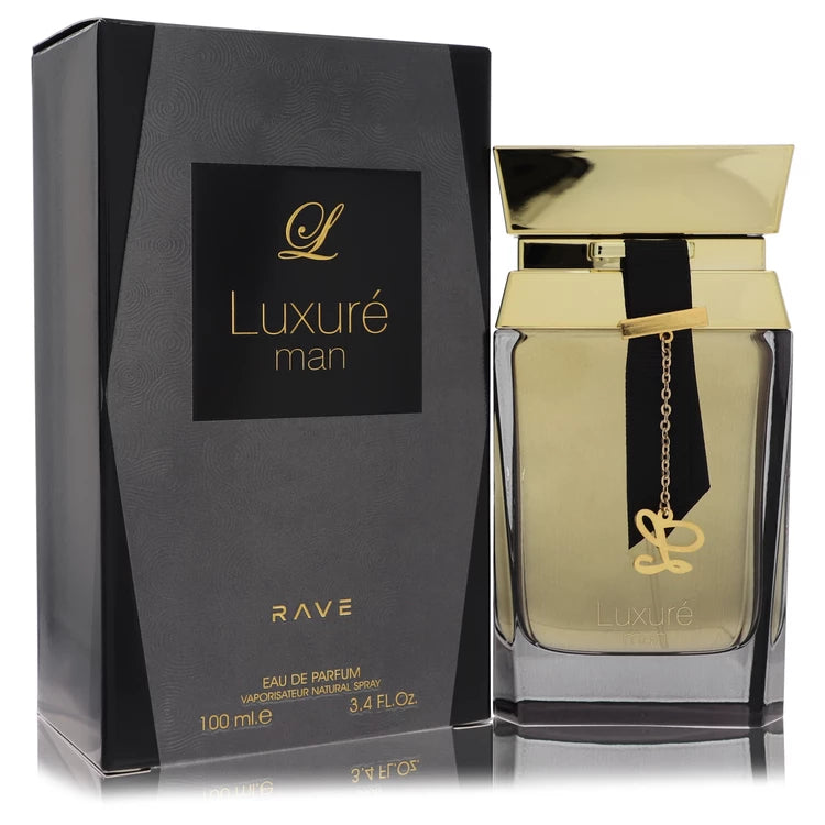 Lattafa Rave Luxure Cologne bottle — woody aromatic fragrance with black pepper, green apple, bergamot, lemon, jasmine and nutmeg