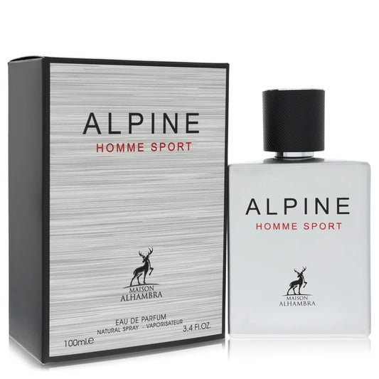 Alpine Homme Sport Eau de Parfum by Maison Alhambra, shown with its silver and black textured box and the clear glass spray bottle with a black cap on a white background.