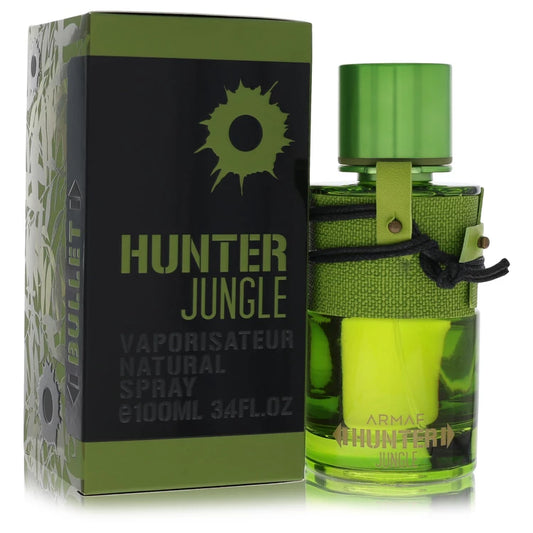 Green perfume bottle and packaging labeled 'Hunter Jungle' on a white background