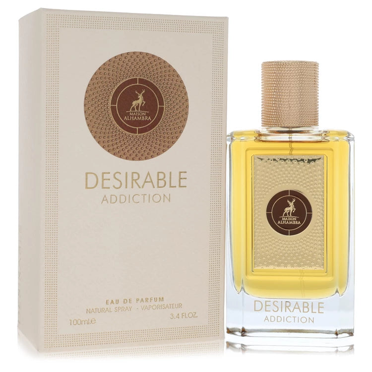 Maison Alhambra Desirable Addiction Perfume bottle with candied lemon, panna cotta, orange blossom, rum and vanilla