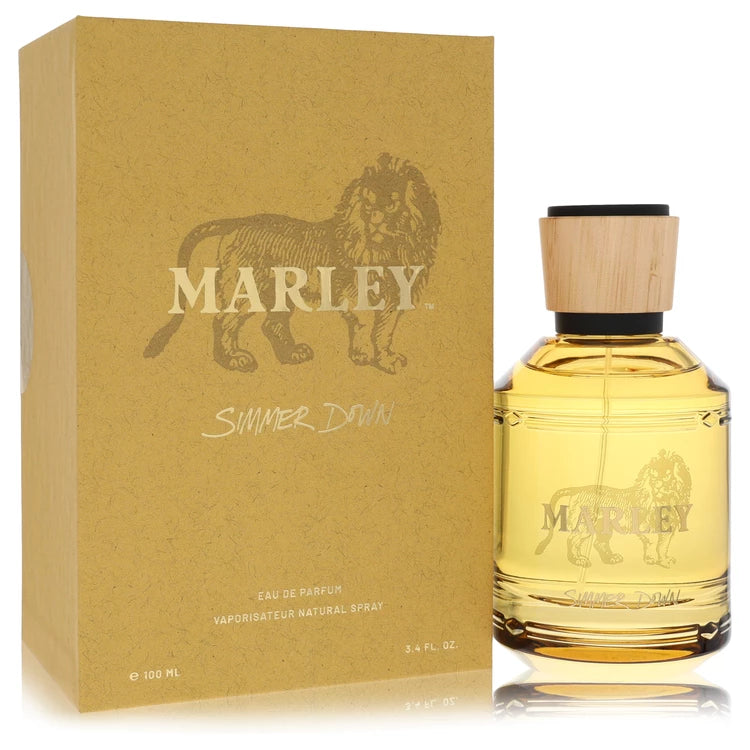 Marley Simmer Down Cologne bottle — warm spicy woody unisex Eau de Parfum with bergamot, star apple, cardamom, amyris, pear blossom, cinnamon leaf, amberwood, gurjun balsam, and sandalwood.