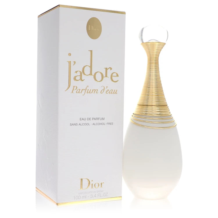 Christian Dior J'adore Parfum d'Eau bottle — alcohol-free dewy white floral perfume with neroli, jasmine sambac, and magnolia notes.