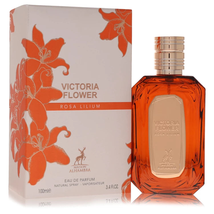 Maison Alhambra Victoria Flower Rosa Lilium Eau de Parfum bottle with coconut milk, jasmine, lily, benzoin and mango