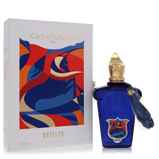 Xerjoff Casamorati Mefisto Cologne with vibrant packaging and elegant blue bottle, showcasing luxury and sophistication.