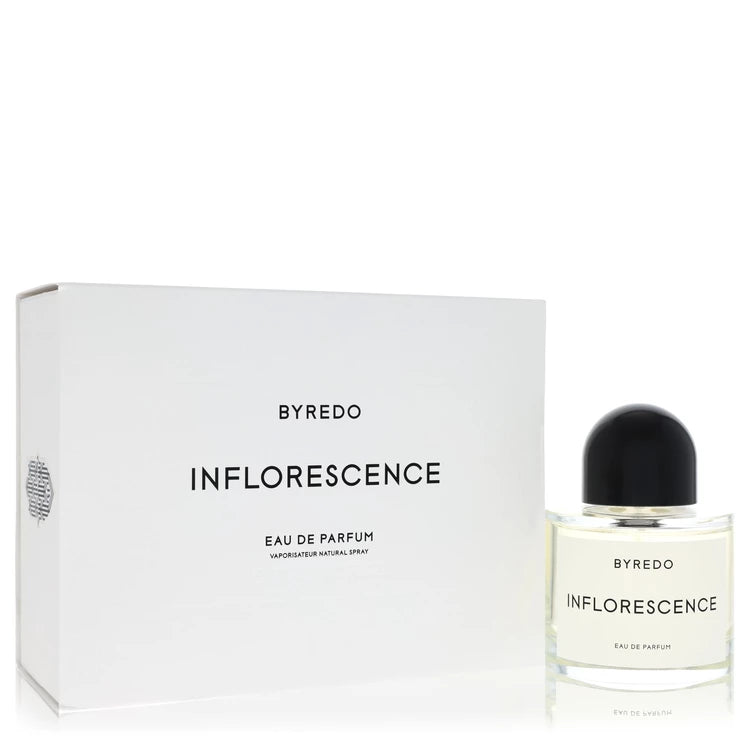 Byredo Inflorescence Eau de Parfum shown with its white packaging box and the clear glass spray bottle with a black cap on a white background.