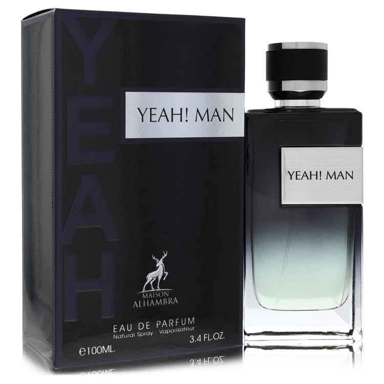 Perfume bottle and packaging of 'Yeah! Man' by Maison Alhambra on a white background