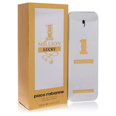 Paco Rabanne 1 Million Lucky Cologne bottle with plum, ozonic notes, grapefruit, bergamot, hazelnut, honey, cedar, cashmere wood, orange blossom, jasmine, amberwood, patchouli, vetiver, and oakmoss