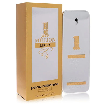 Paco Rabanne 1 Million Lucky Cologne bottle with plum, ozonic notes, grapefruit, bergamot, hazelnut, honey, cedar, cashmere wood, orange blossom, jasmine, amberwood, patchouli, vetiver, and oakmoss