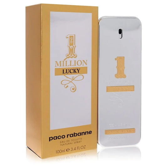 Paco Rabanne 1 Million Lucky Cologne bottle with plum, ozonic notes, grapefruit, bergamot, hazelnut, honey, cedar, cashmere wood, orange blossom, jasmine, amberwood, patchouli, vetiver, and oakmoss
