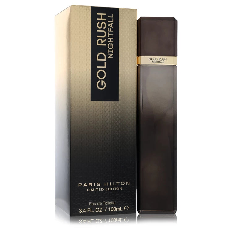 Paris Hilton Gold Rush Nightfall Eau de Toilette bottle — spicy amber woody men's cologne with bergamot, pepper, spiced amber, woody notes, musk, and vanilla.
