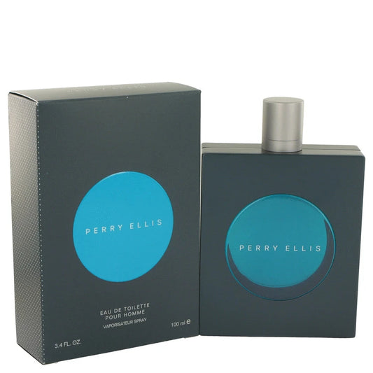 Perry Ellis Pour Homme Cologne signature luxury geometric heavy clear glass flacon displaying its premium fluid contents, architectural metallic line accents, and iconic typographic brand labels against a clean backdrop