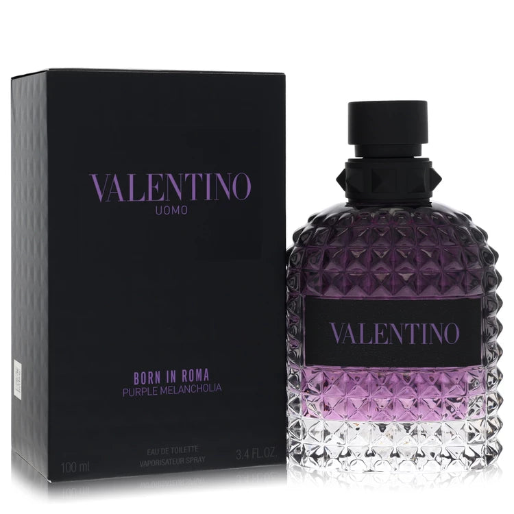 Valentino Uomo Born in Roma Purple Melancholia Eau de Toilette bottle — warm ambery aromatic woody men's perfume with cardamom, lavandin, creamy coconut, and amberwood notes.