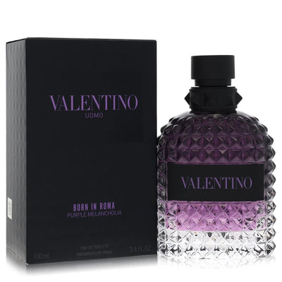 Valentino Uomo Born in Roma Purple Melancholia Eau de Toilette bottle — warm ambery aromatic woody men's perfume with cardamom, lavandin, creamy coconut, and amberwood notes.