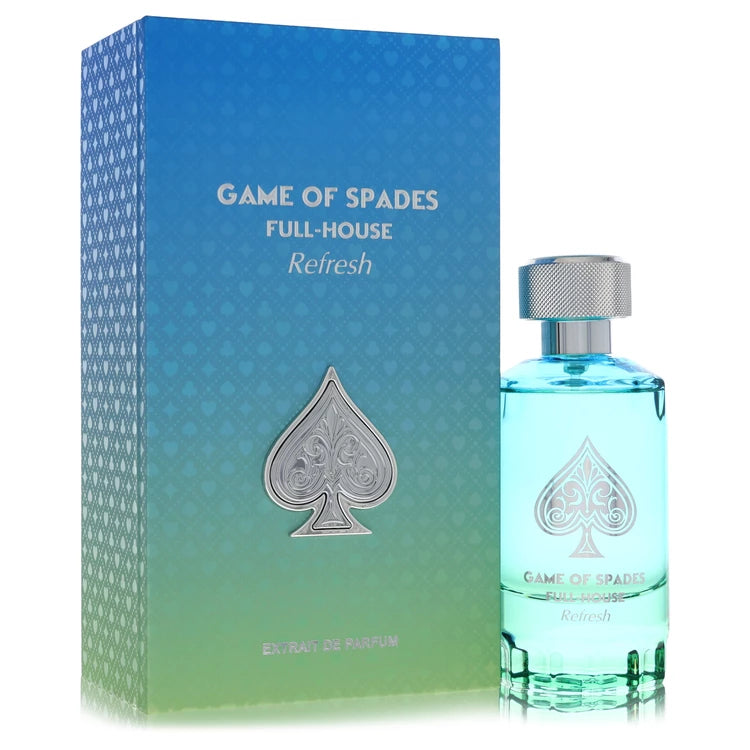 Jo Milano Game of Spades Full House Refresh Parfum bottle — fresh aquatic fruity gourmand unisex perfume with bergamot, cucumber, watermelon, vanilla, caramel, and tonka bean notes.
