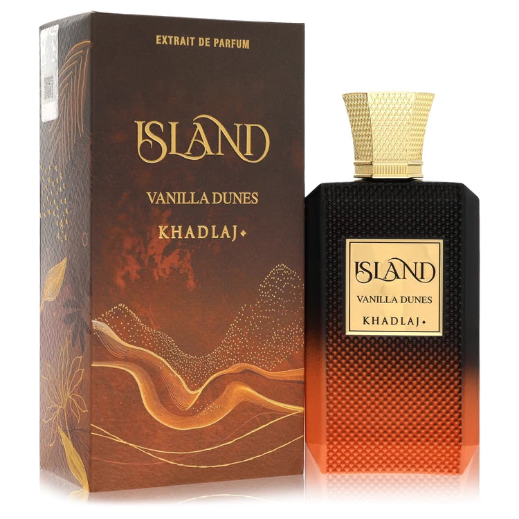 Khadlaj Island Vanilla Dunes Extrait de Parfum bottle with cinnamon, vanilla, orange blossom, guaiac wood, praline, amber and musk