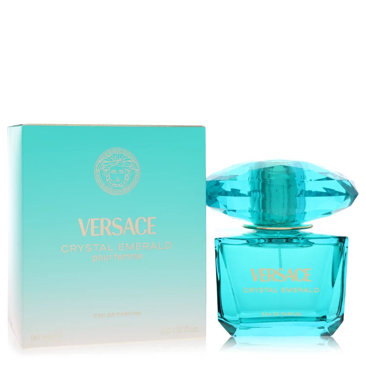 3 oz Versace Crystal Emerald Eau de Parfum bottle - Women's floral fruity woody fragrance with mandarin, bergamot, lemon, peony, jasmine, lily of the valley, sandalwood, amber, and musk